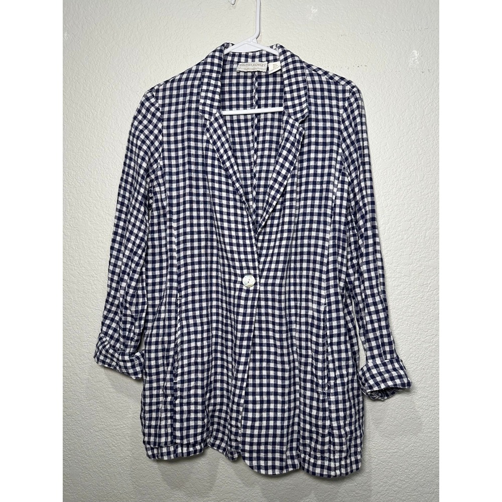 Cynthia Rowley Navy Gingham 100% Linen Blazer Jacket Womens Small Blue White